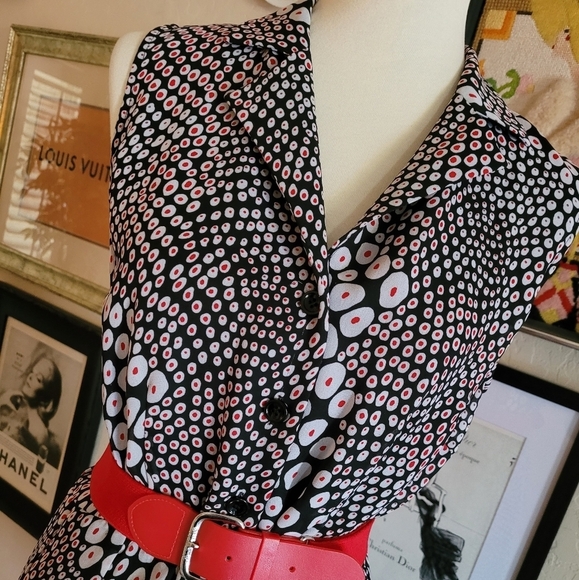 Vintage 80's Black Red and White Abstract Fluted Hem Midi Dress - Picture 4 of 7